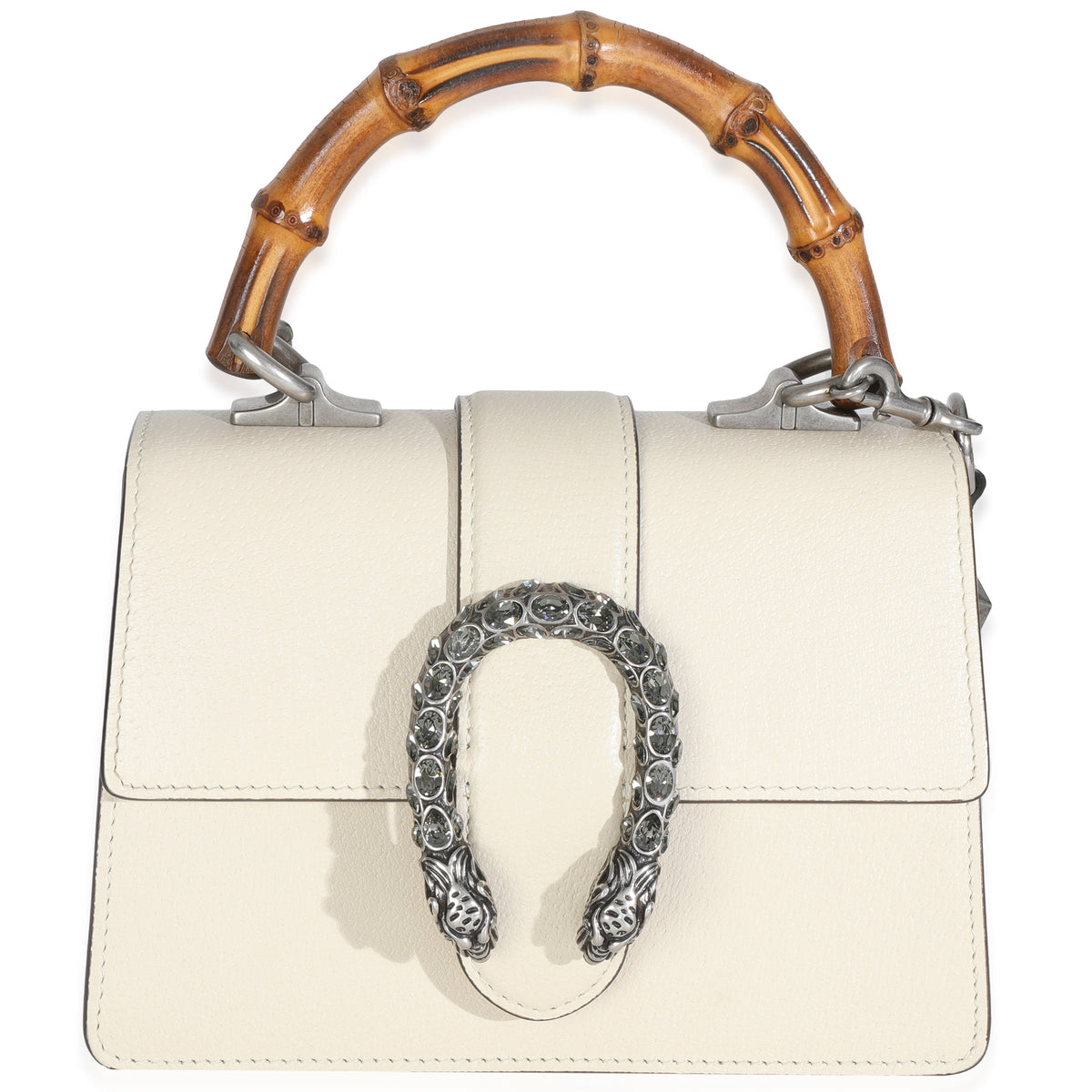 Mystic White Textured Calfskin Crystal Bamboo Web Mini Dionysus Top Handle