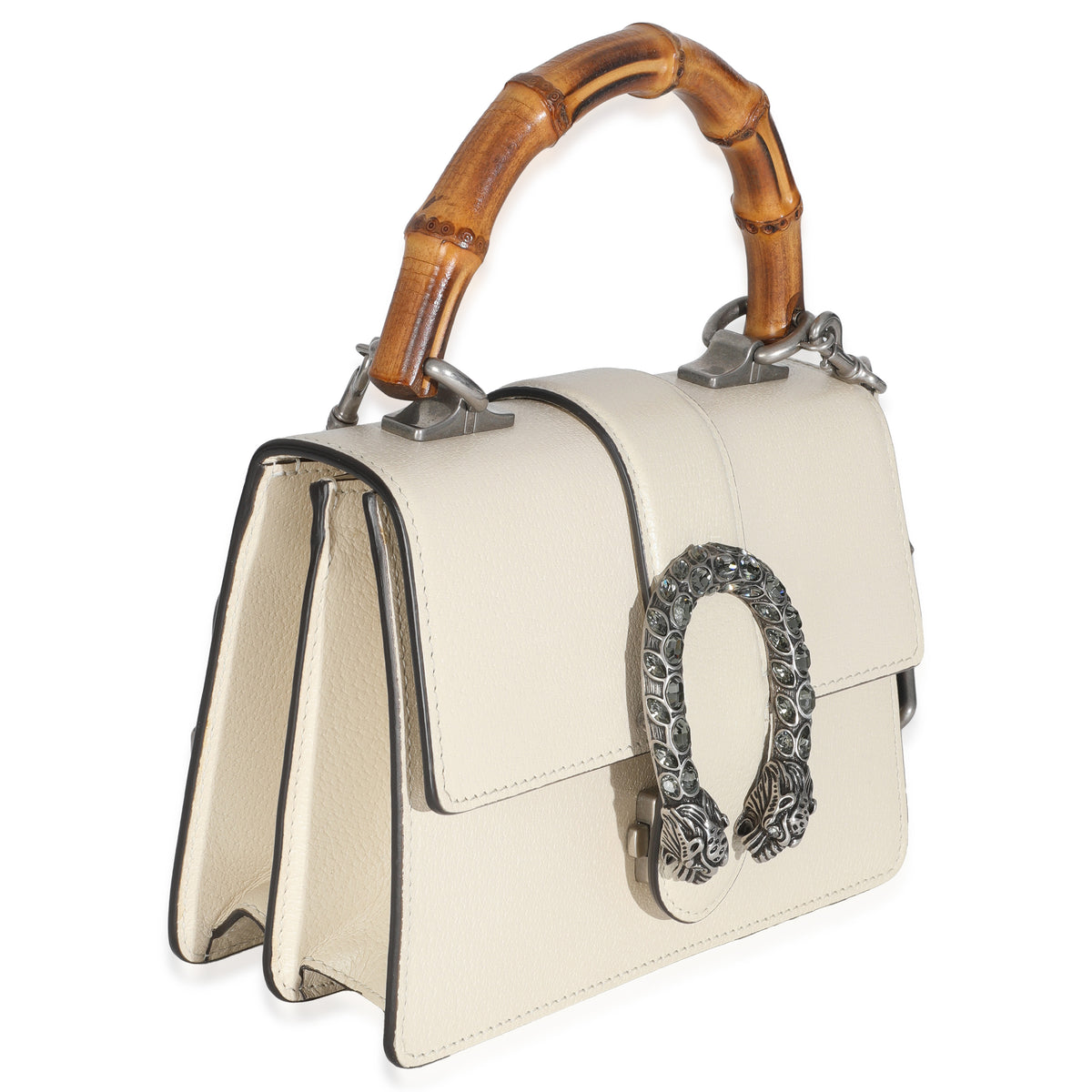 Mystic White Textured Calfskin Crystal Bamboo Web Mini Dionysus Top Handle