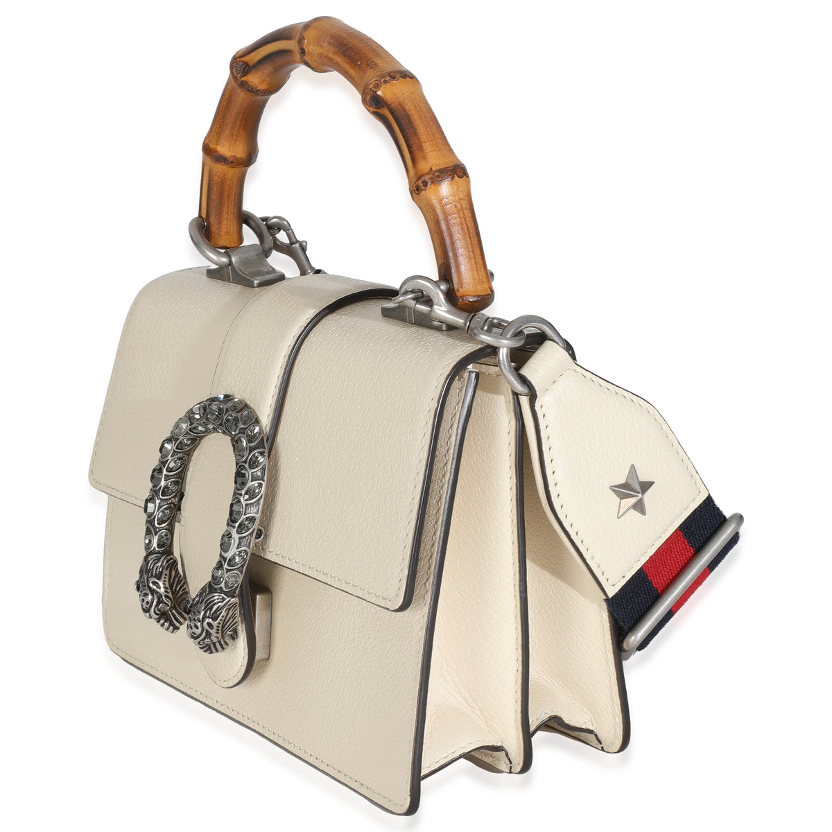 Mystic White Textured Calfskin Crystal Bamboo Web Mini Dionysus Top Handle