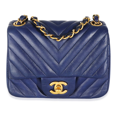 Navy Chevron Lambskin Mini Square Flap Bag