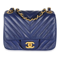 Navy Chevron Lambskin Mini Square Flap Bag