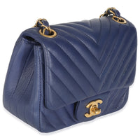 Navy Chevron Lambskin Mini Square Flap Bag