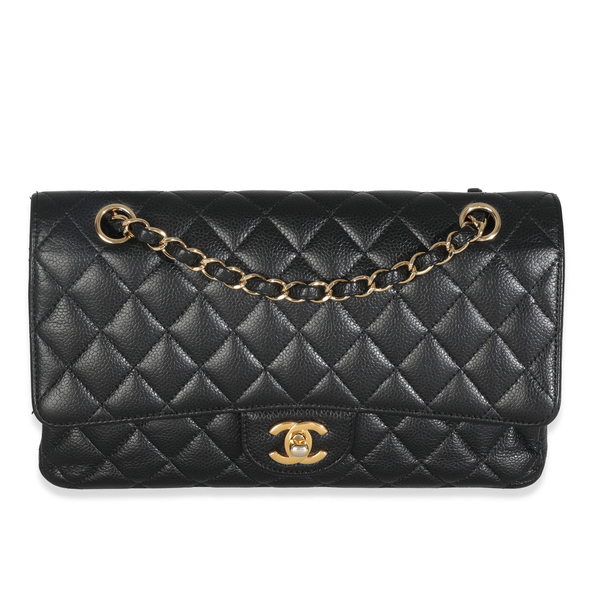 Black Quilted Caviar Medium Classic Double Flap HandBag