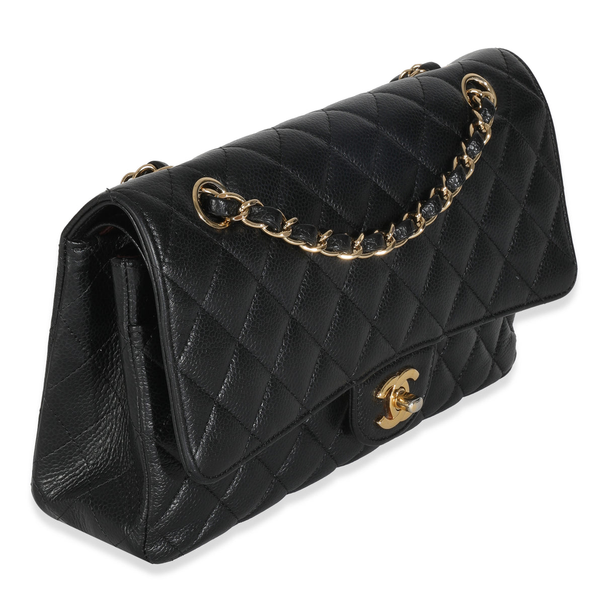 Black Quilted Caviar Medium Classic Double Flap HandBag