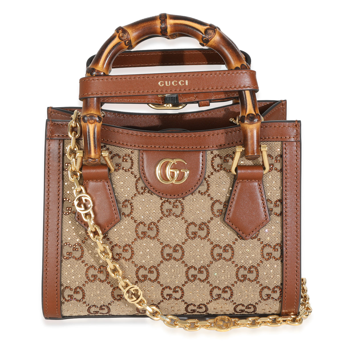 Brown New Canvas Charisma Calfskin Crystal GG Monogram Mini Diana Tote