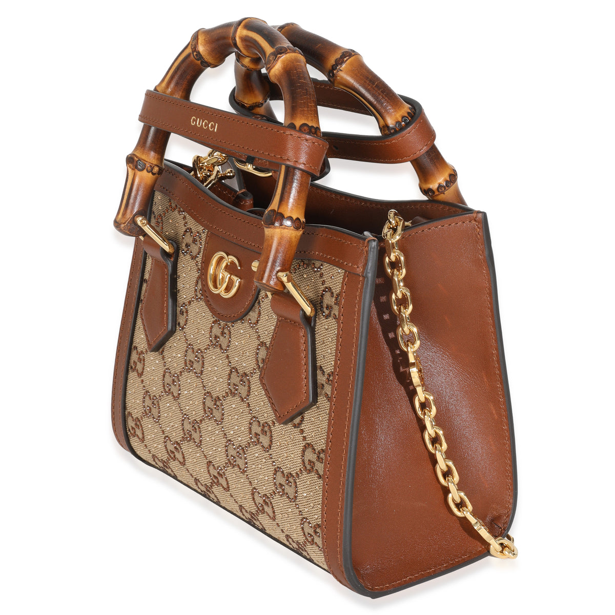 Brown New Canvas Charisma Calfskin Crystal GG Monogram Mini Diana Tote