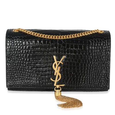 Black Croc Embossed Leather Medium Kate Tassel Chain Bag