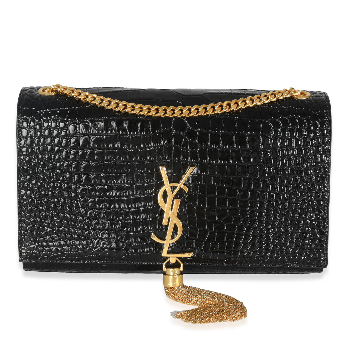 Black Croc Embossed Leather Medium Kate Tassel Chain Bag