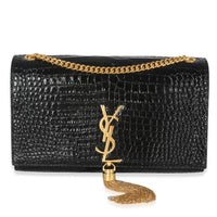 Black Croc Embossed Leather Medium Kate Tassel Chain Bag