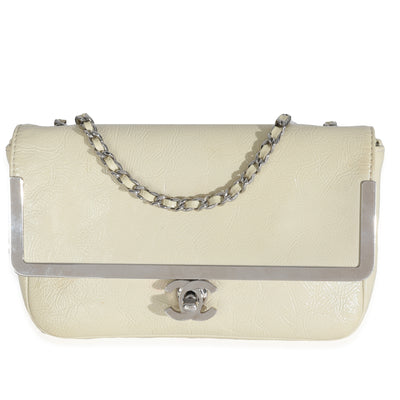 Cream Distressed Patent Calfskin Small Frame Single Flap Bag
