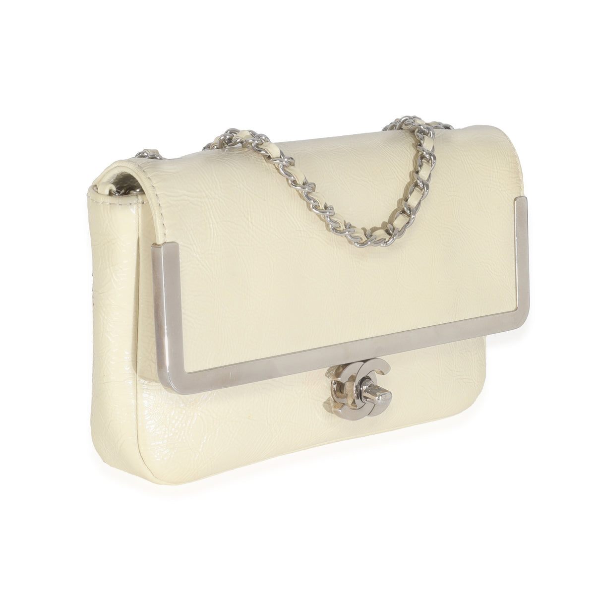 Cream Distressed Patent Calfskin Small Frame Single Flap Bag