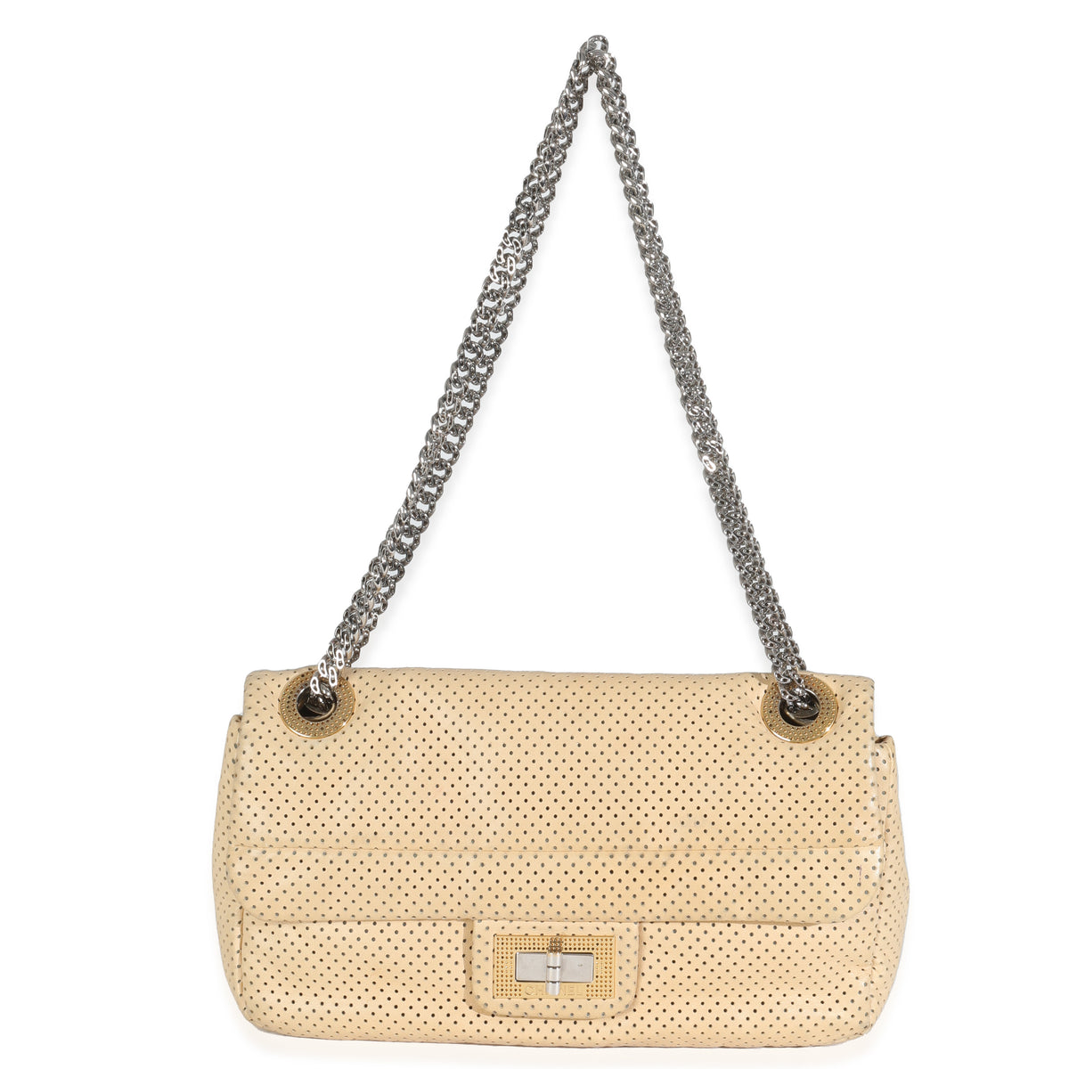 Beige Perforated  Lambskin Drill Flap Bag