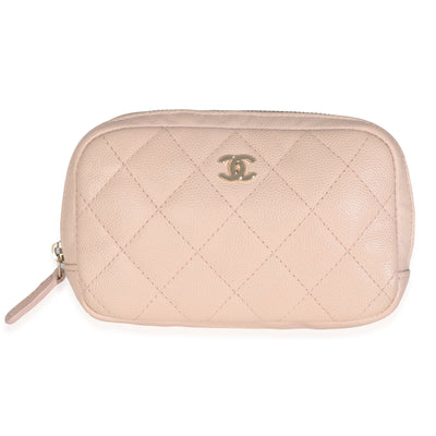 Light Beige Quilted Caviar Small Curvy Pouch Cosmetic Case