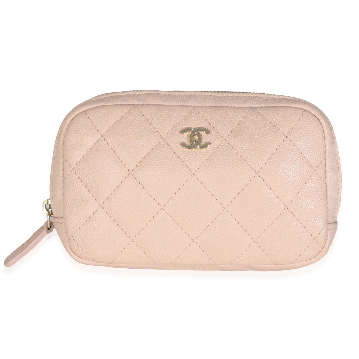 Light Beige Quilted Caviar Small Curvy Pouch Cosmetic Case