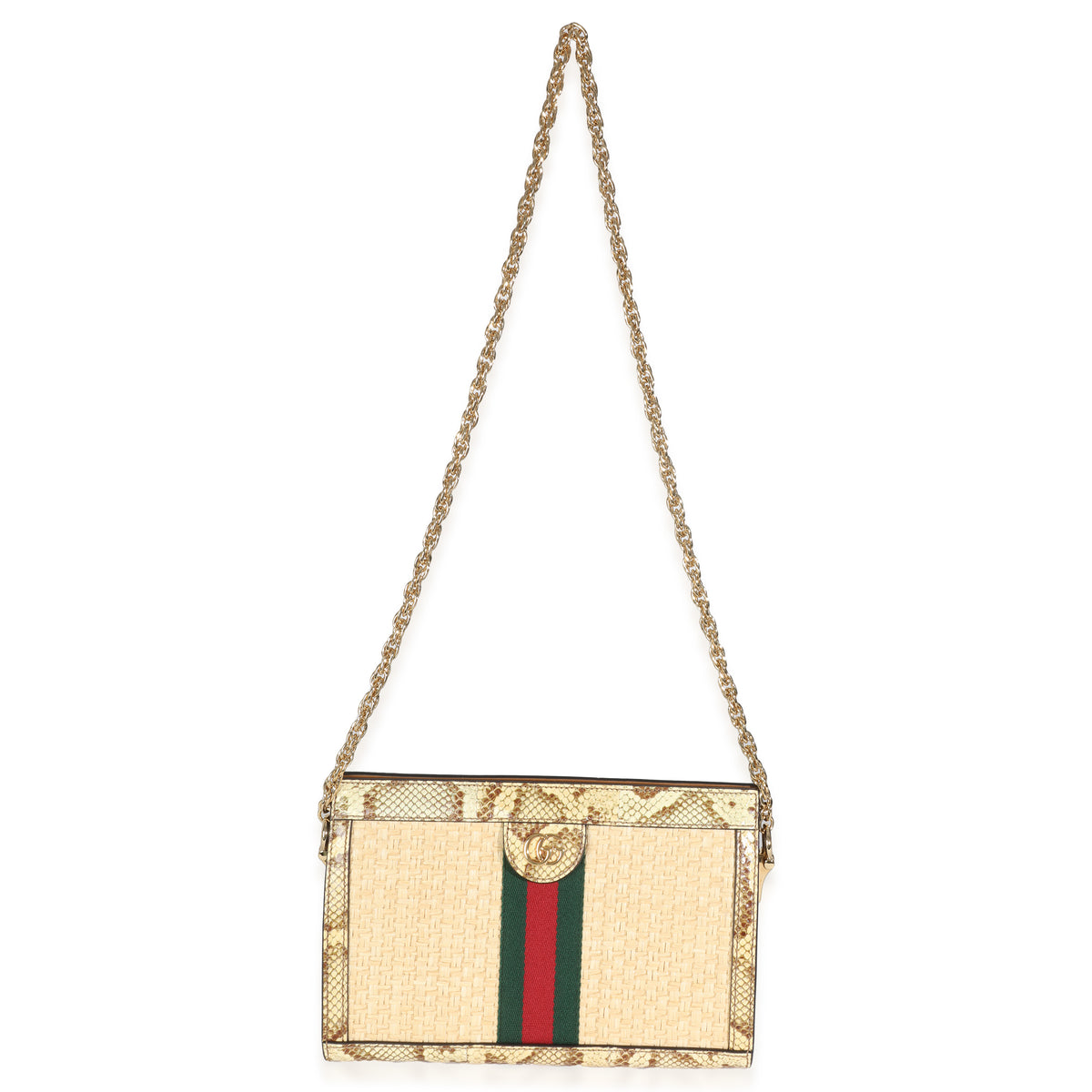 Cream Brown Raffia Elaphe GG Small Ophidia Chain Shoulder Bag