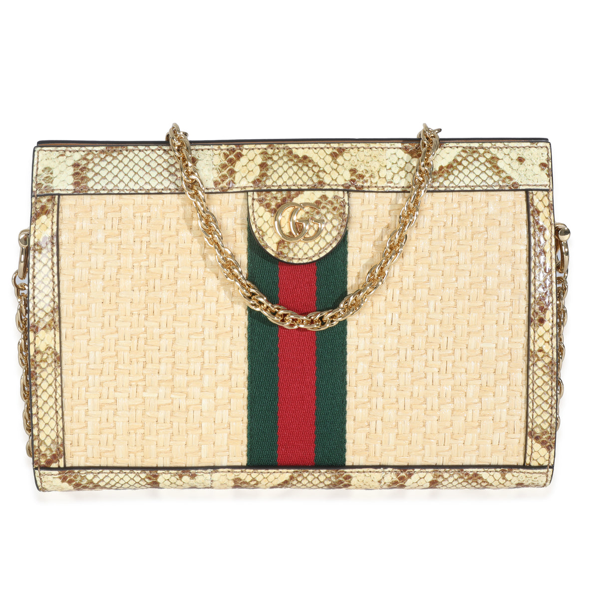 Cream Brown Raffia Elaphe GG Small Ophidia Chain Shoulder Bag