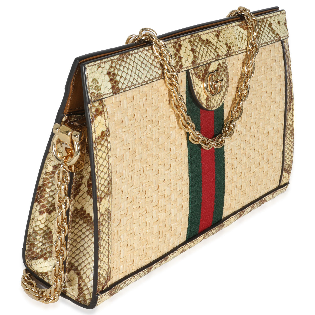Cream Brown Raffia Elaphe GG Small Ophidia Chain Shoulder Bag
