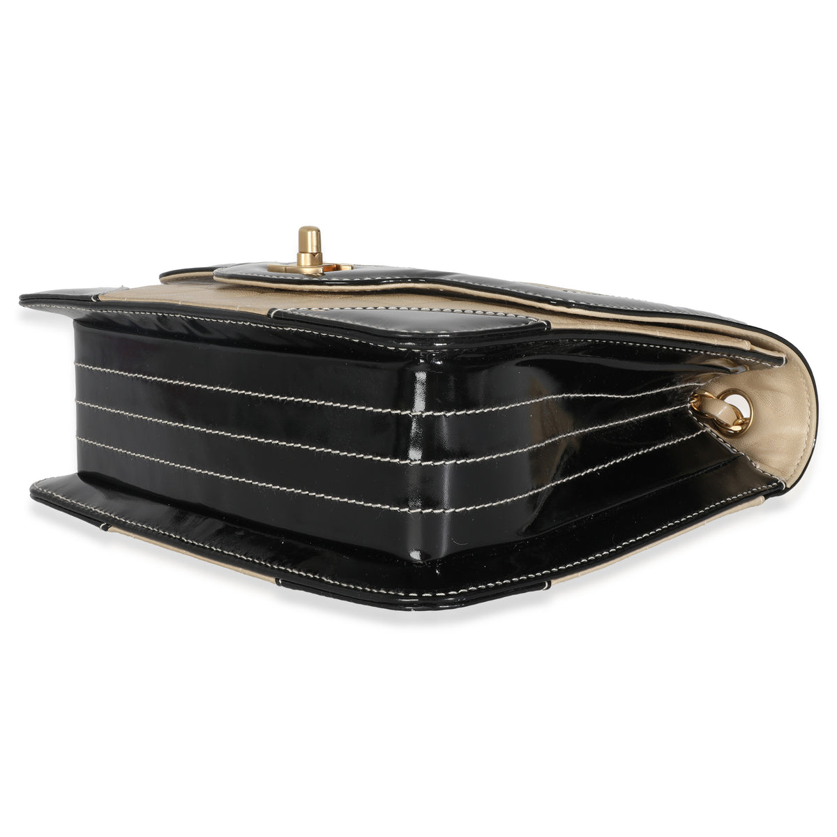 Vintage Beige Lambskin Black Patent Square Quilt Frame Flap Bag