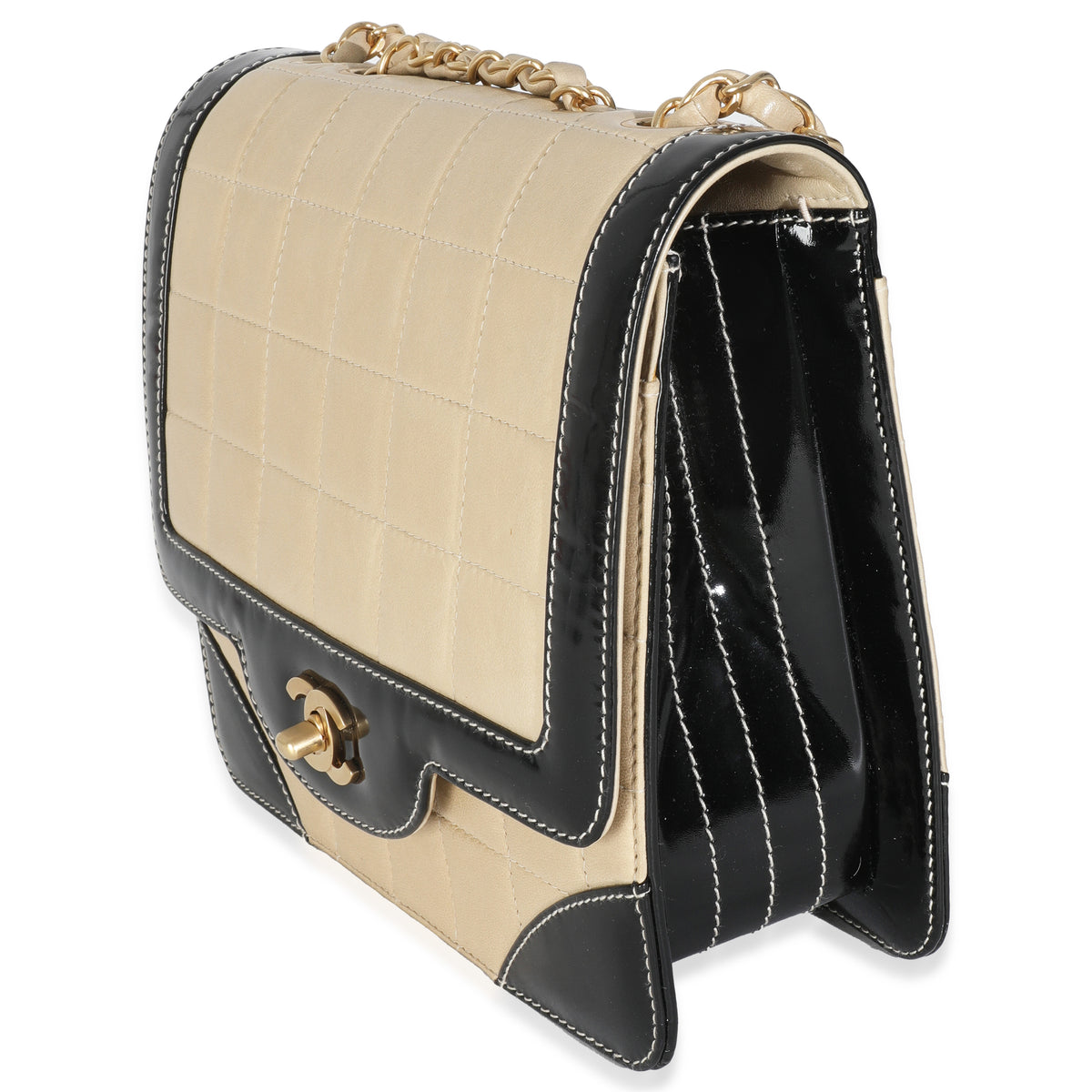 Vintage Beige Lambskin Black Patent Square Quilt Frame Flap Bag