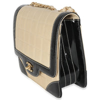 Vintage Beige Lambskin Black Patent Square Quilt Frame Flap Bag