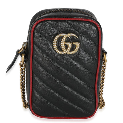 Gucci Red Black Calfskin Matelasse Mini GG Marmont Crossbody Bag Handbag fv