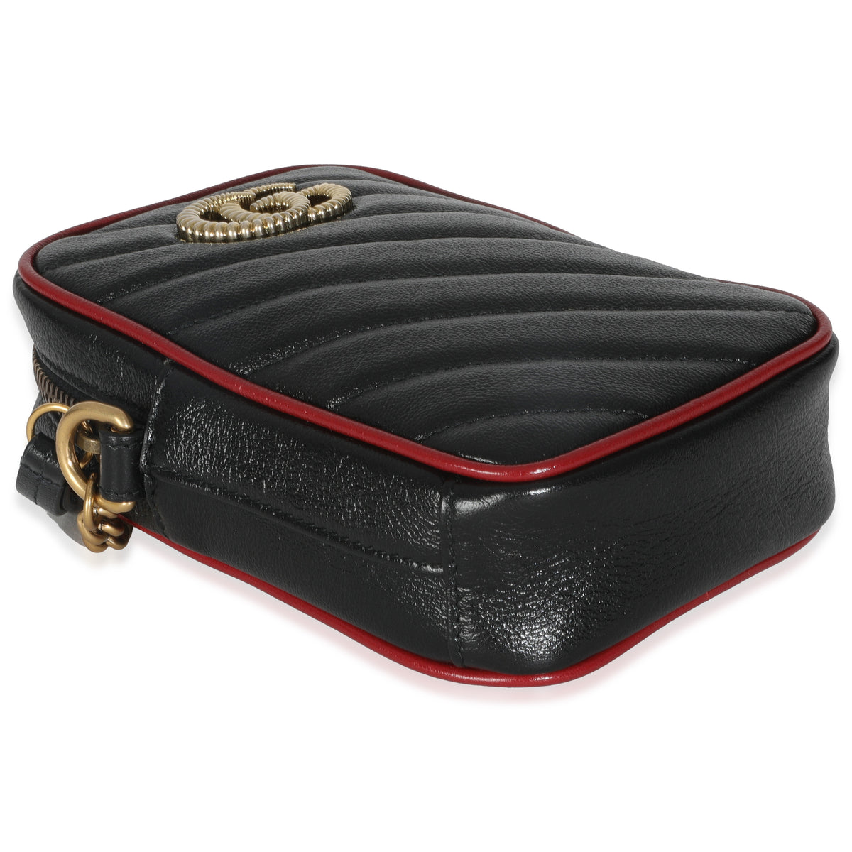 Gucci Red Black Calfskin Matelasse Mini GG Marmont Crossbody Bag Handbag clasp