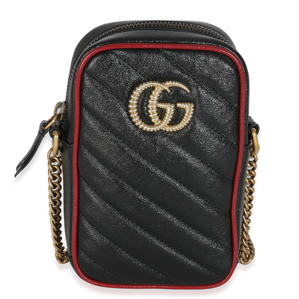 Gucci Red Black Calfskin Matelasse Mini GG Marmont Crossbody Bag Handbag fv