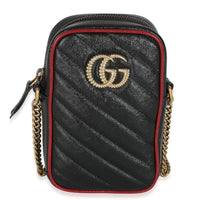 Gucci Red Black Calfskin Matelasse Mini GG Marmont Crossbody Bag Handbag fv