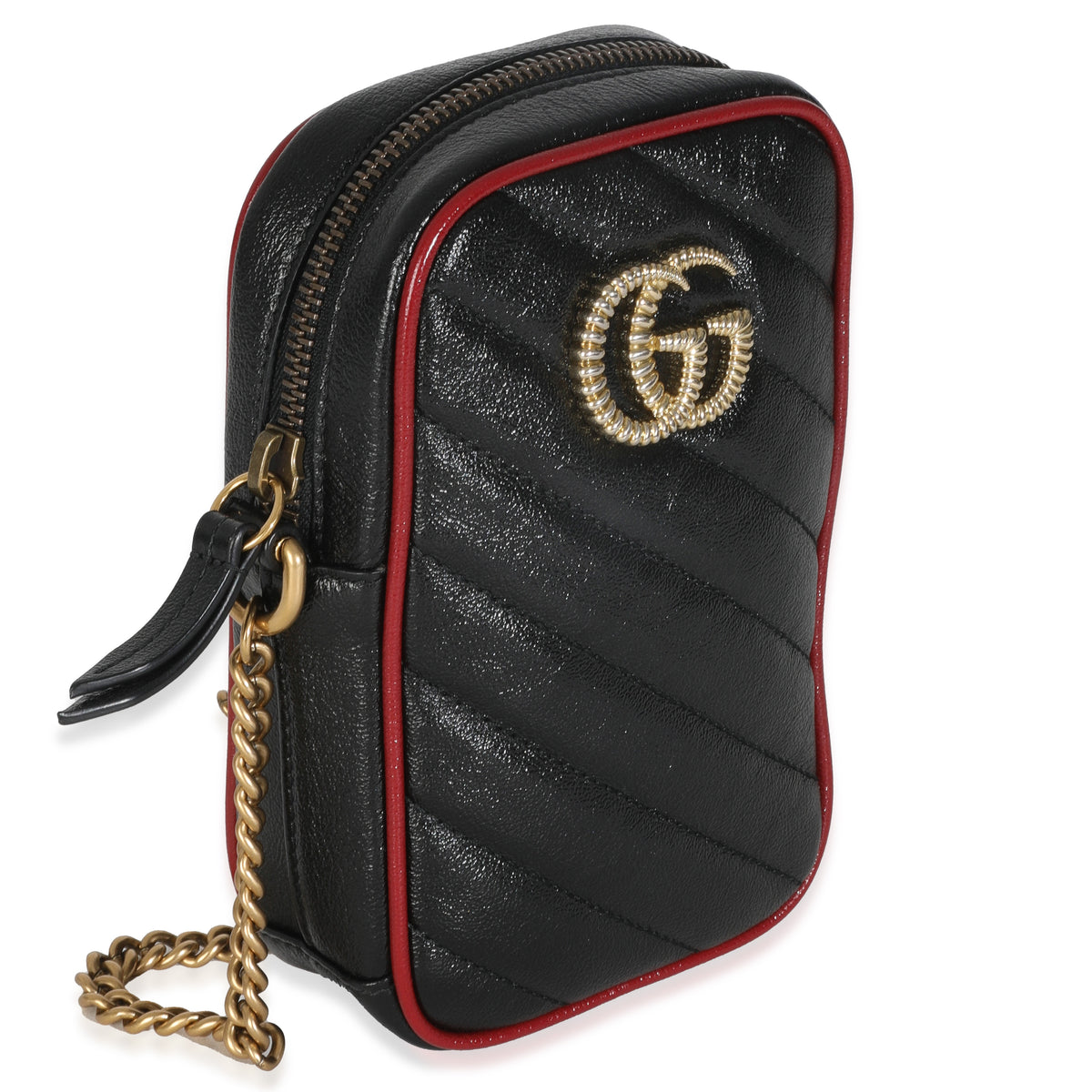 Gucci Red Black Calfskin Matelasse Mini GG Marmont Crossbody Bag Handbag pv