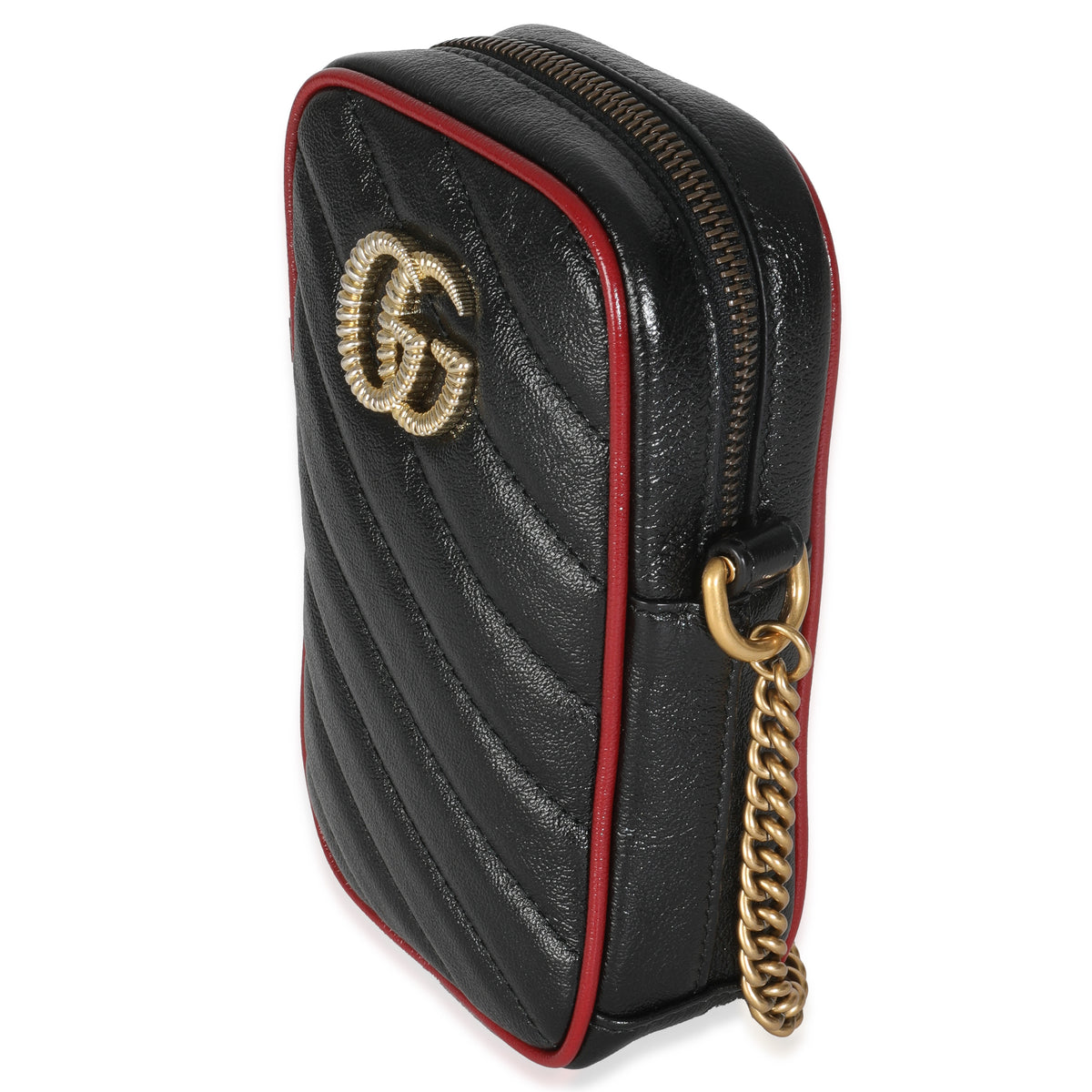 Gucci Red Black Calfskin Matelasse Mini GG Marmont Crossbody Bag Handbag sv