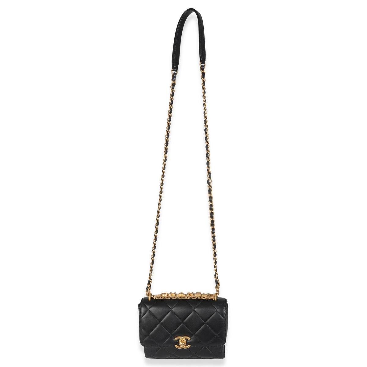 Black Quilted Lambskin Small CC Crystal Logo Chain Flap Bag