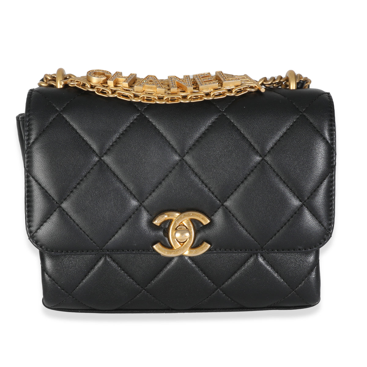 Black Quilted Lambskin Small CC Crystal Logo Chain Flap Bag