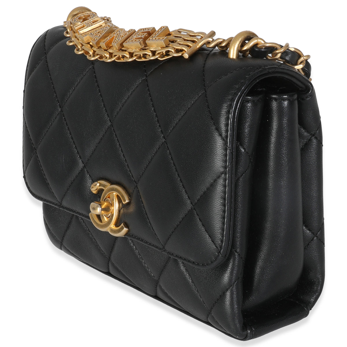 Black Quilted Lambskin Small CC Crystal Logo Chain Flap Bag
