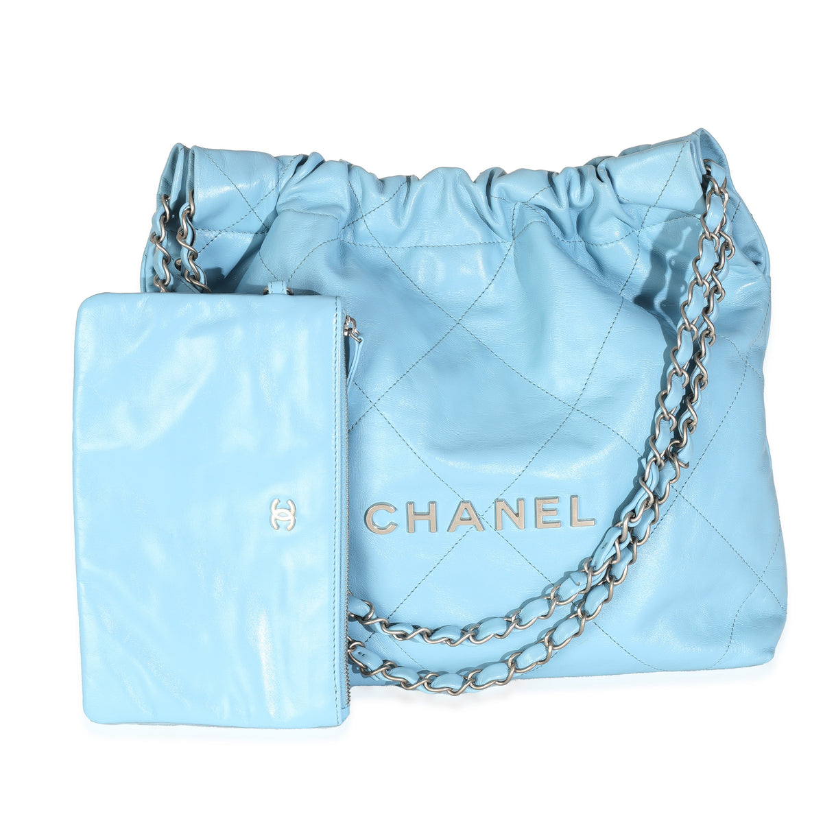 Light Blue Quilted Shiny Calfskin Small Chanel 22