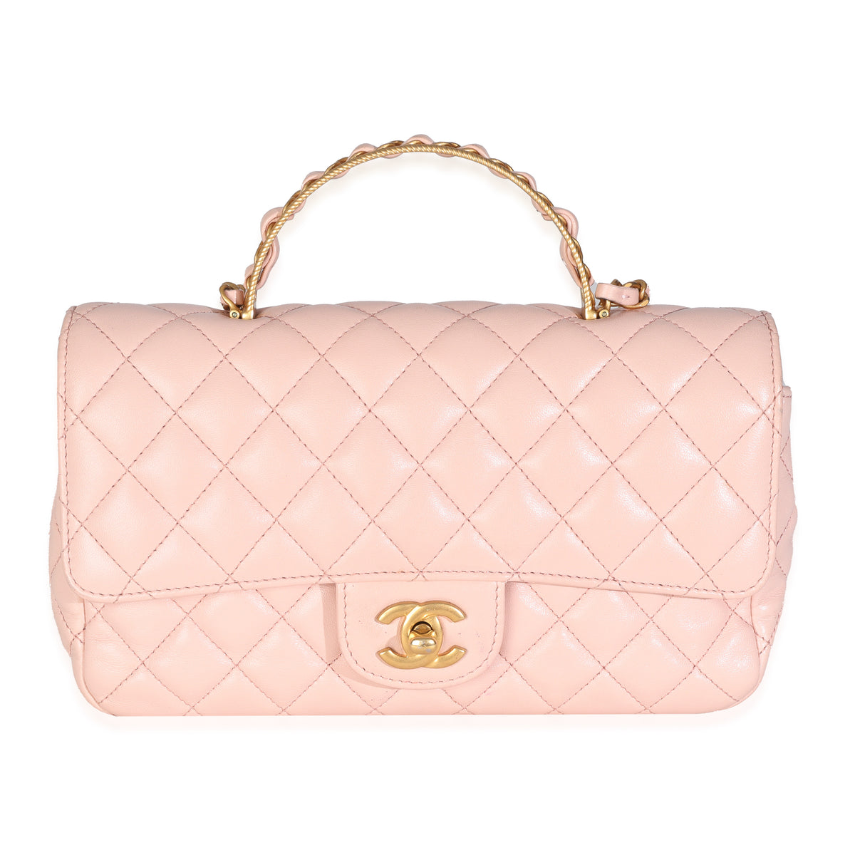 Light Pink Quilted Lambskin Small Metal Top Handle Flap Bag