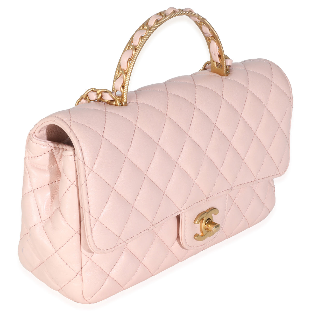 Light Pink Quilted Lambskin Small Metal Top Handle Flap Bag