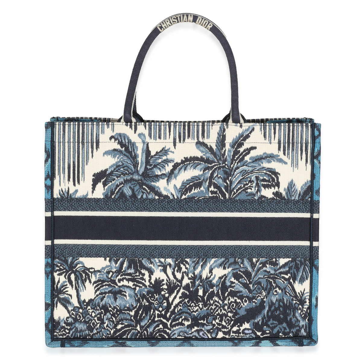 Blue Canvas Embroidered Palm Tree Toile De Jouy Large Book Tote