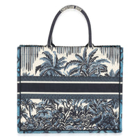 Blue Canvas Embroidered Palm Tree Toile De Jouy Large Book Tote