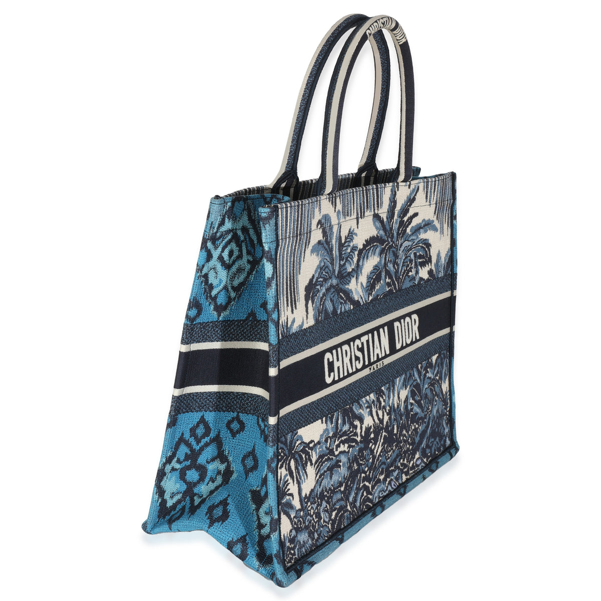 Blue Canvas Embroidered Palm Tree Toile De Jouy Large Book Tote