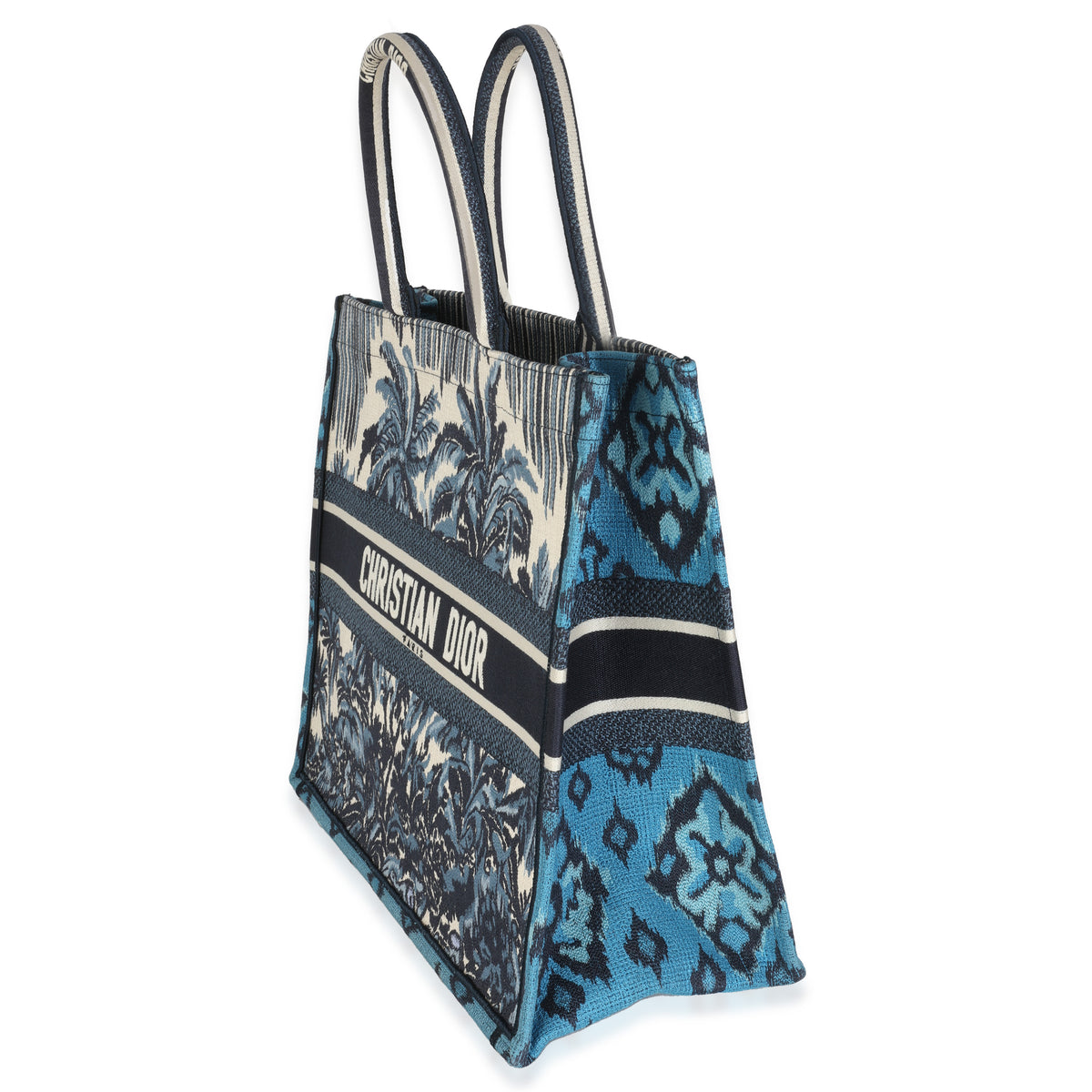 Blue Canvas Embroidered Palm Tree Toile De Jouy Large Book Tote