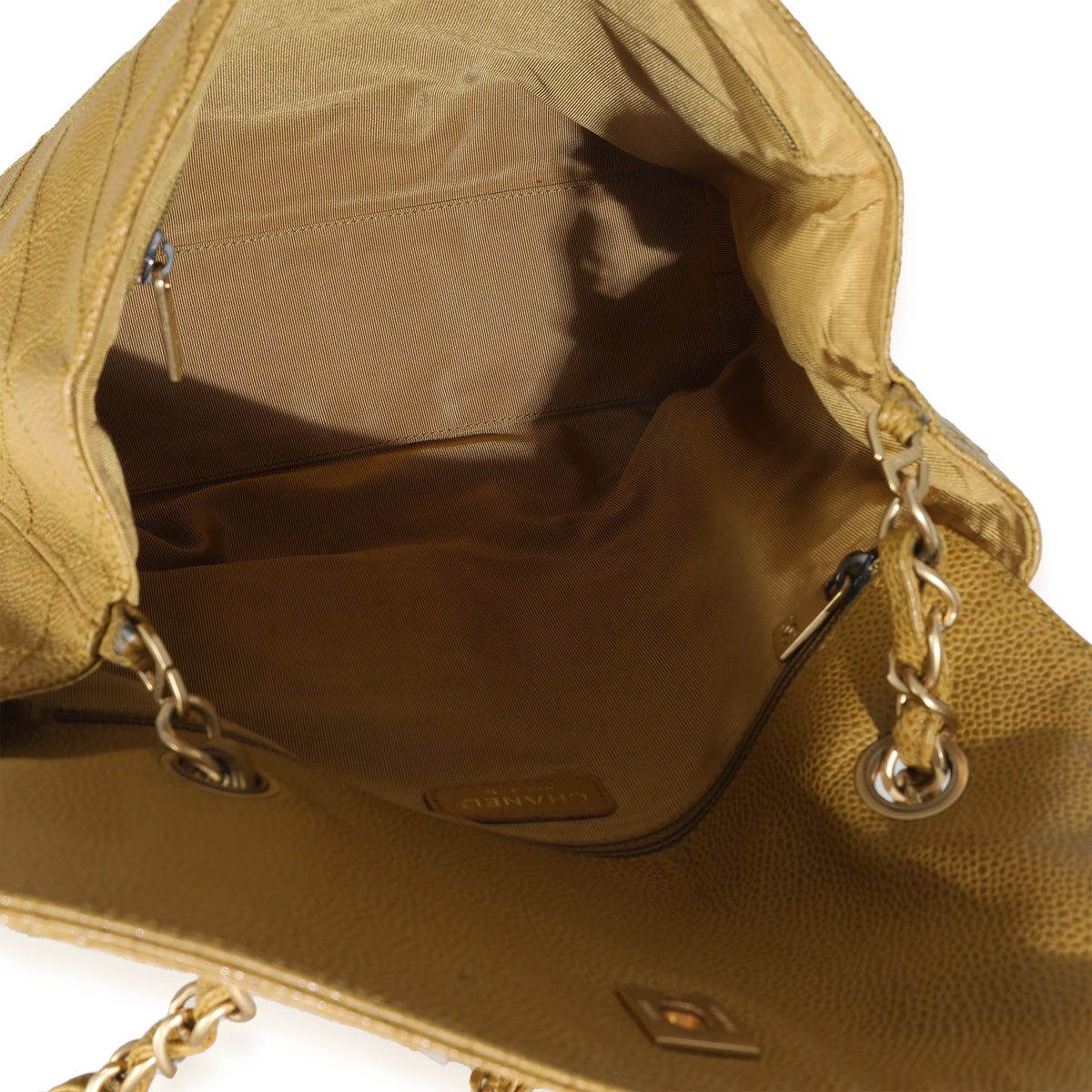 Beige Quilted Caviar Chain Flap Shoulder Handbag