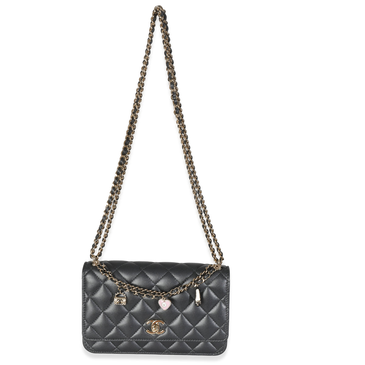 Black Pearly Quilted Lambskin Charms Wallet On Chain