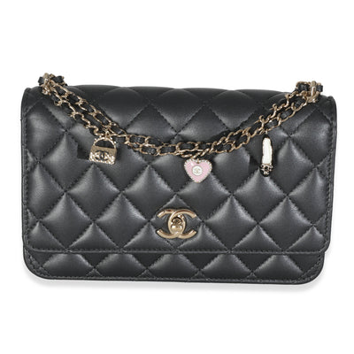 Black Pearly Quilted Lambskin Charms Wallet On Chain
