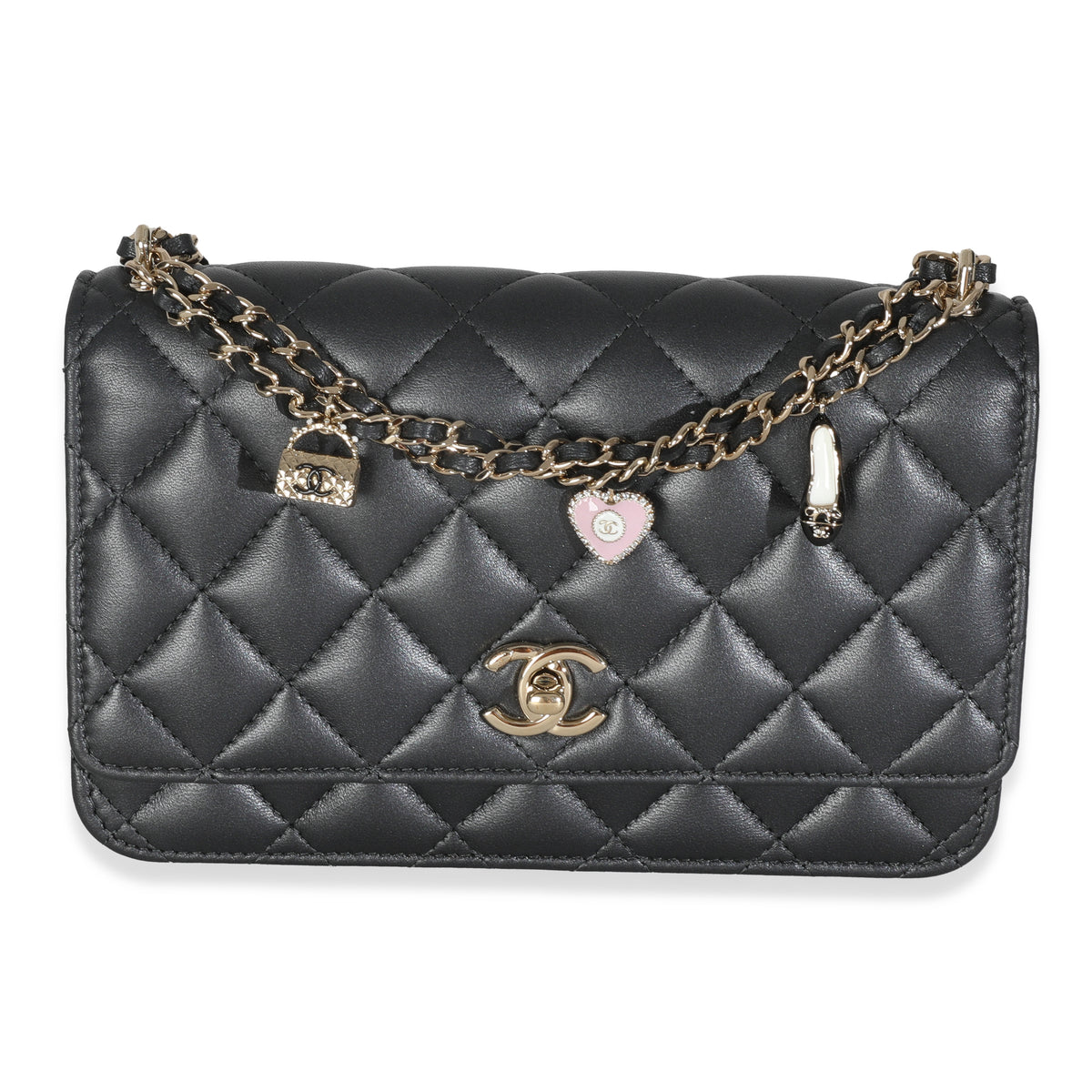 Black Pearly Quilted Lambskin Charms Wallet On Chain