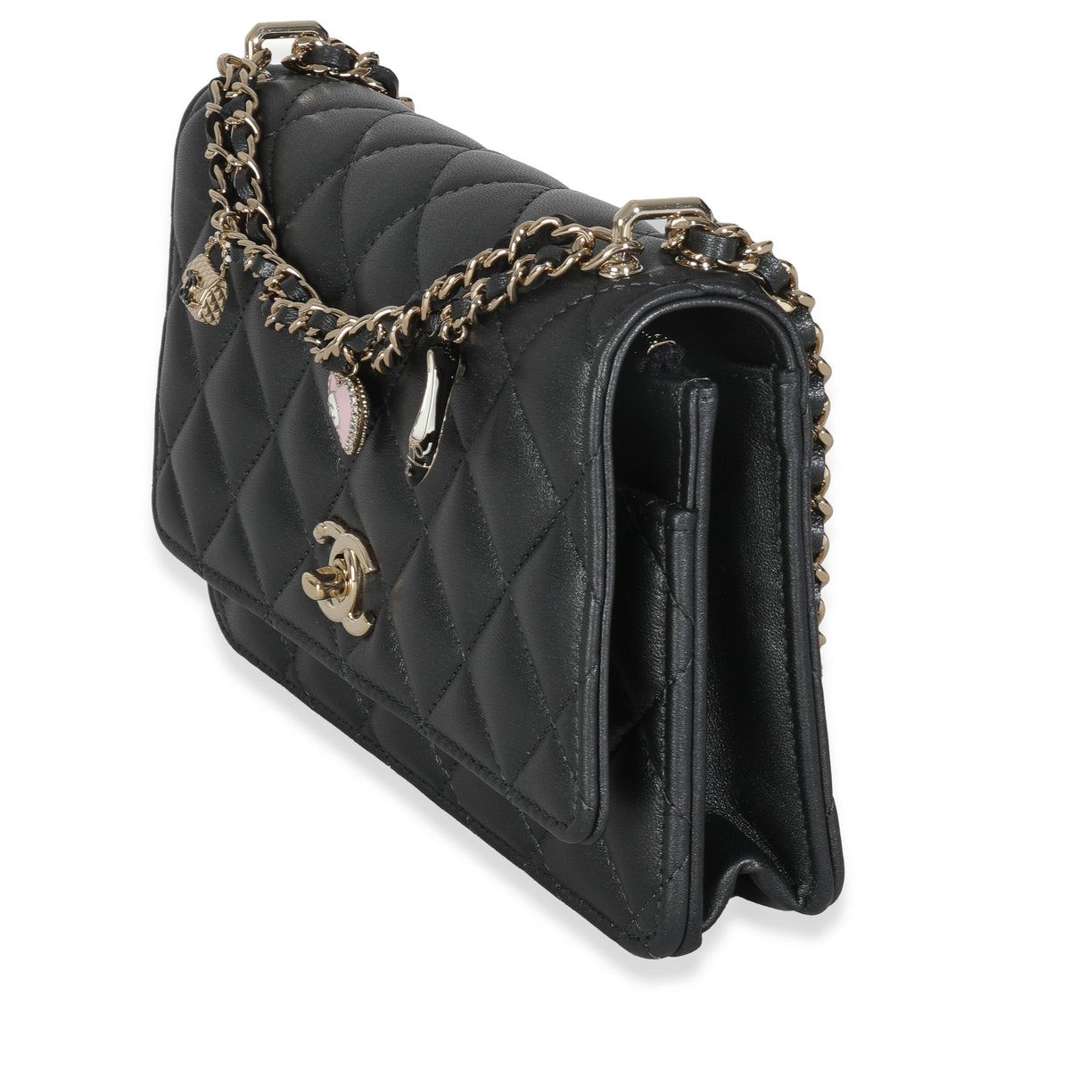 Black Pearly Quilted Lambskin Charms Wallet On Chain