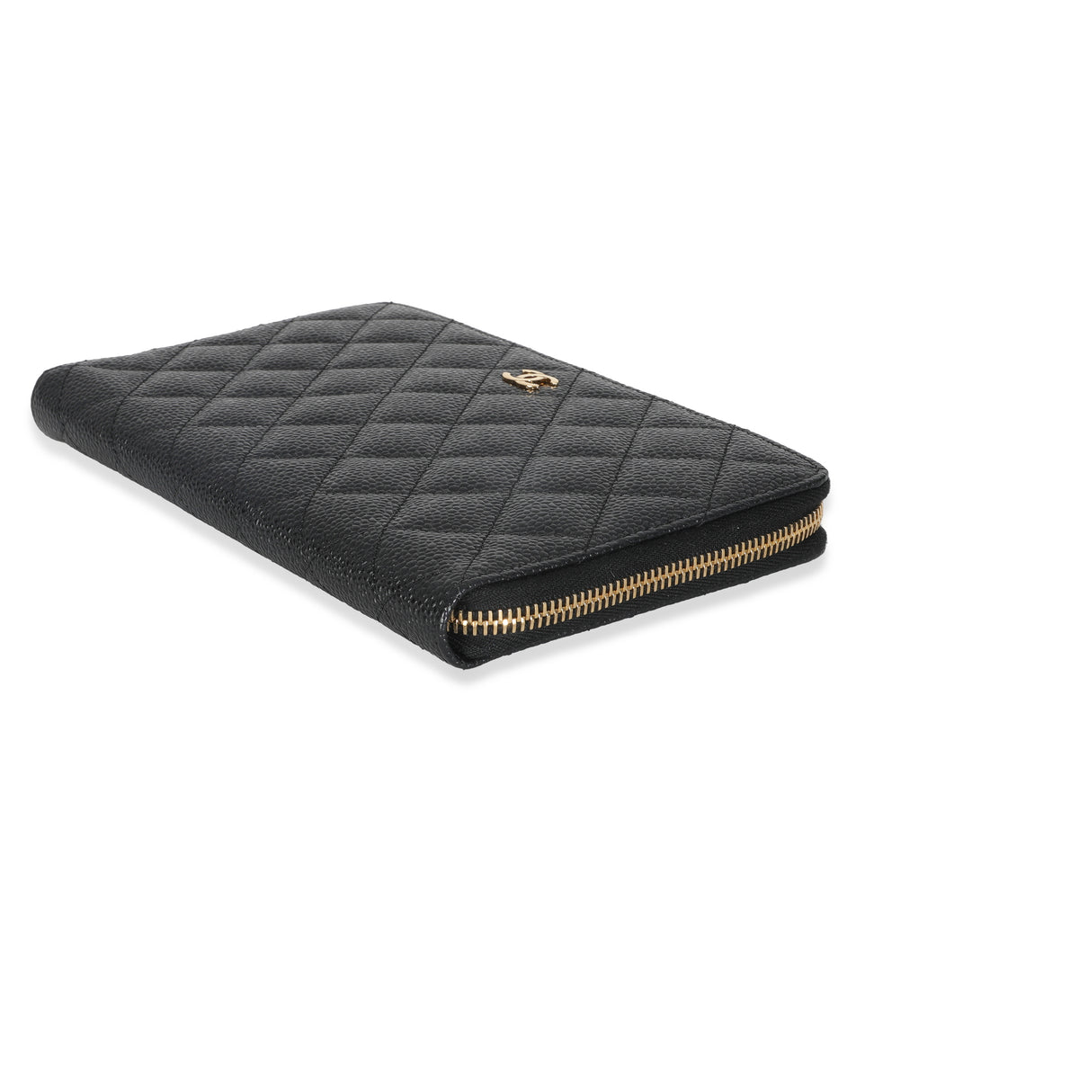 Black Quilted Caviar Large Zipped Wallet