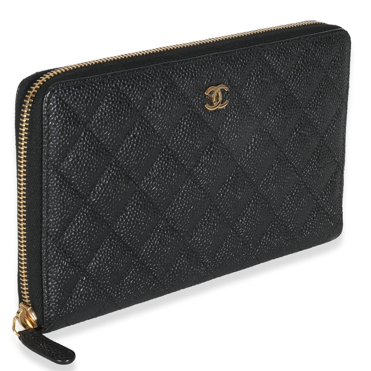 Black Quilted Caviar Large Zipped Wallet