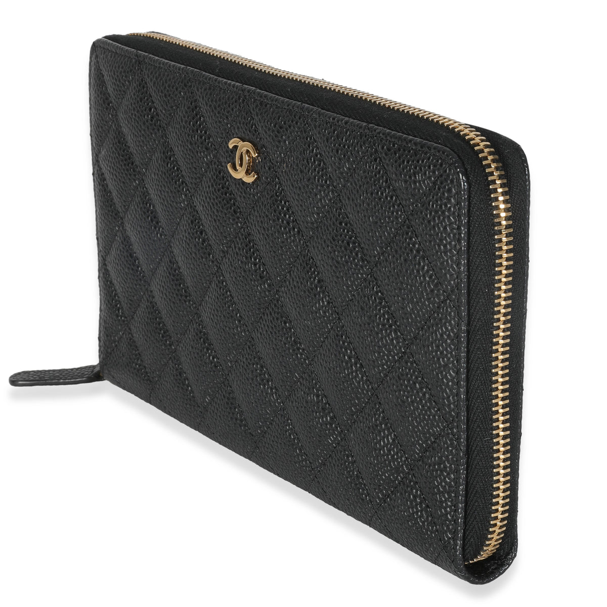 Black Quilted Caviar Large Zipped Wallet