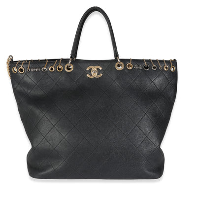 Black Quilted Caviar Grommet Embellished Piercing Chic Tote