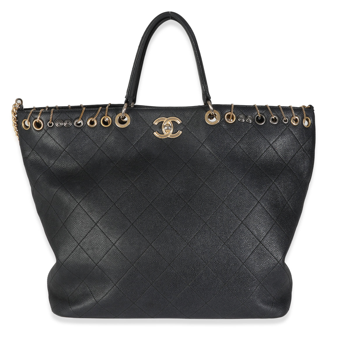 Black Quilted Caviar Grommet Embellished Piercing Chic Tote